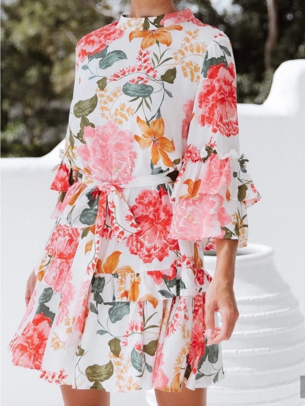 White Floral Tie-Waist Long Sleeve Midi Dress - Pink & Orange Bloom